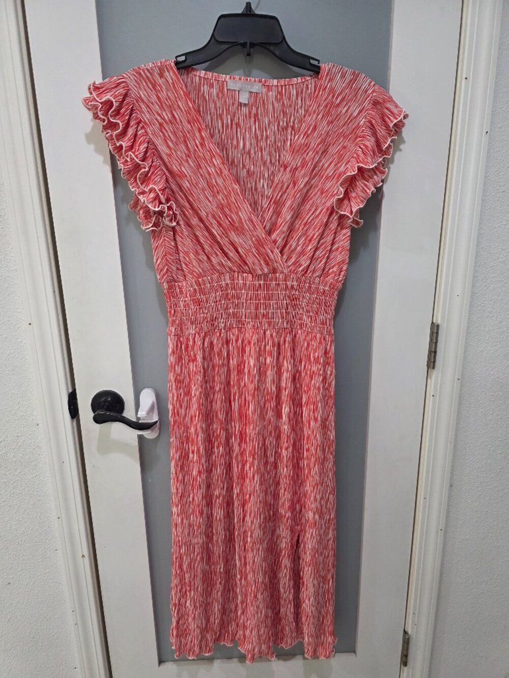 Chelsea 28 Red White Smocked Midi Dress Size M Ruffle Sleeve Boho Summer Casual